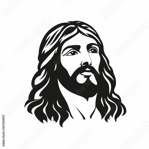 Stylized Jesus Christ portrait with flowing hair and beard vector silhouette