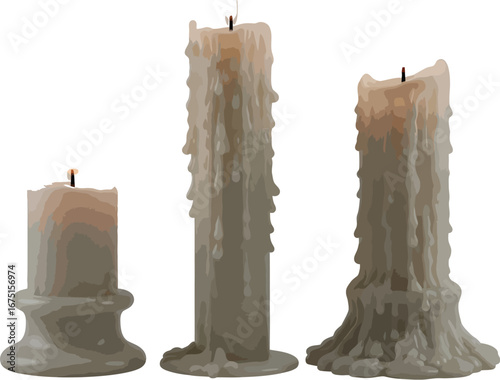 Three lit candles with dripping wax on a white background creating soft lighting