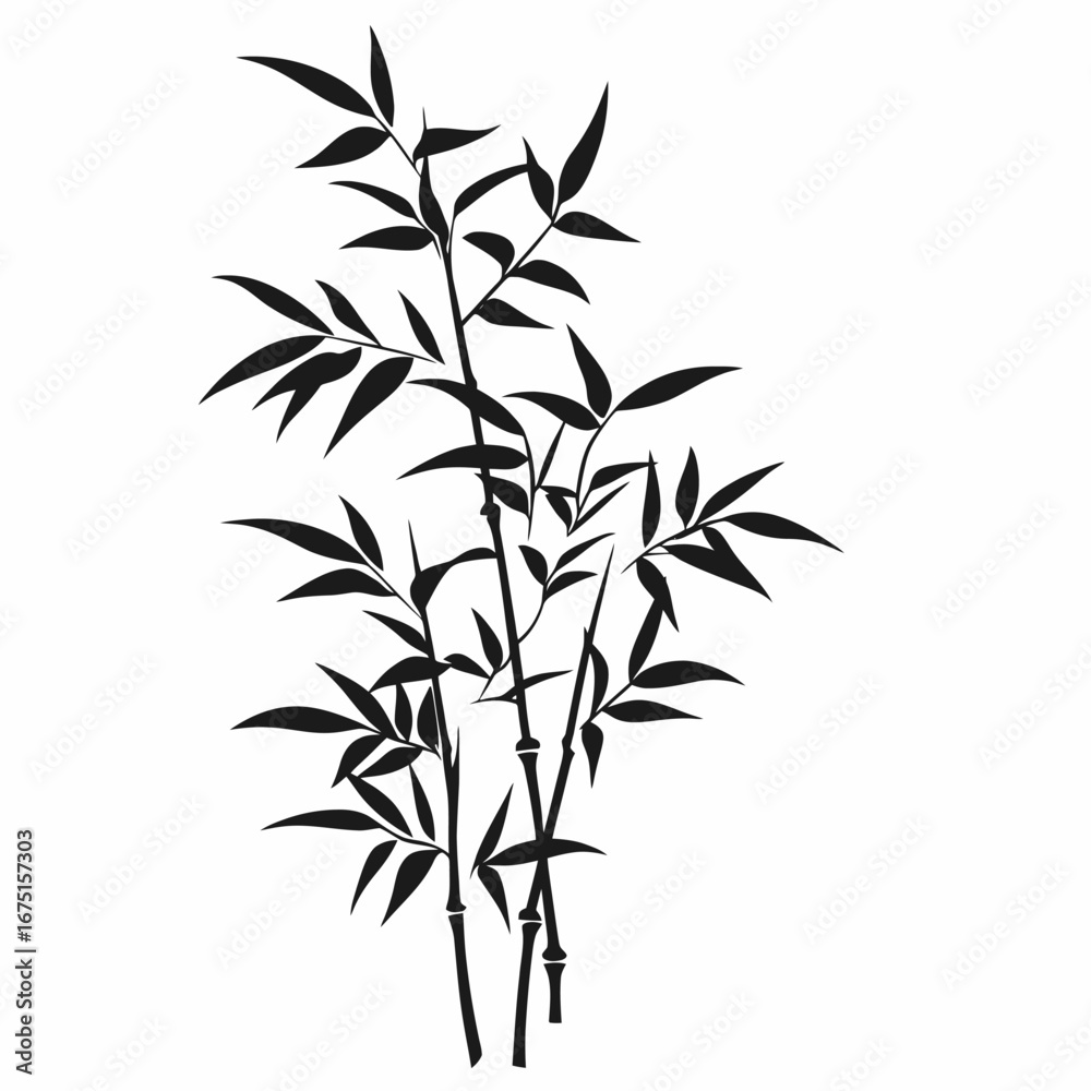 Naklejka premium Asian inspired bamboo forest leaves stalks in contrasting black graphic silhouette