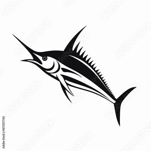 Striking black and white marlin with distinctive details in dramatic silhouette