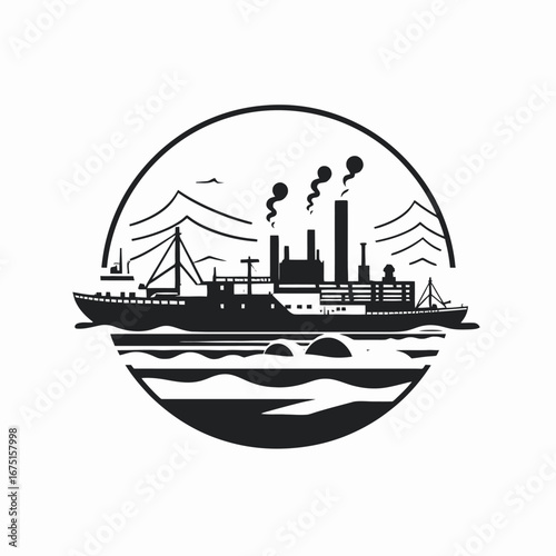 Industrial ship sailing past smoke stacks artful vector graphic illustration silhouette