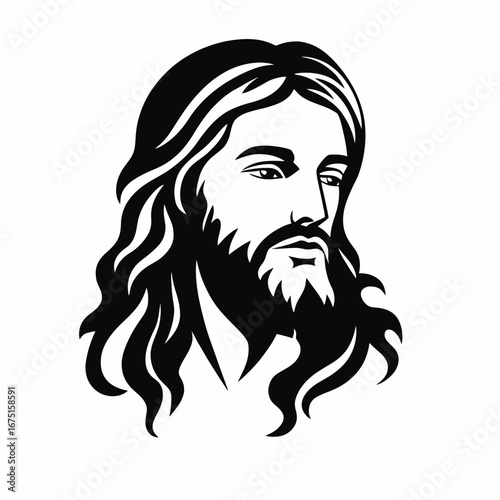 Artistic depiction of Jesus Christ with flowing hair in minimalist silhouette