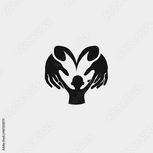 Protective hands surrounding child forming heart shape, caring love silhouette