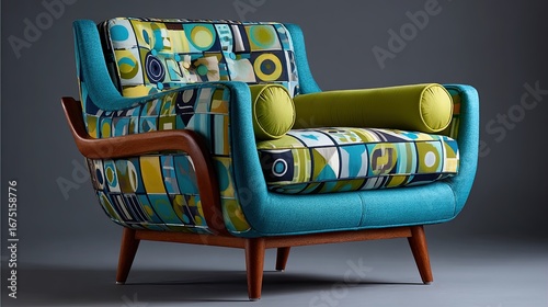 Teal mid-century modern armchair with geometric patterned upholstery
