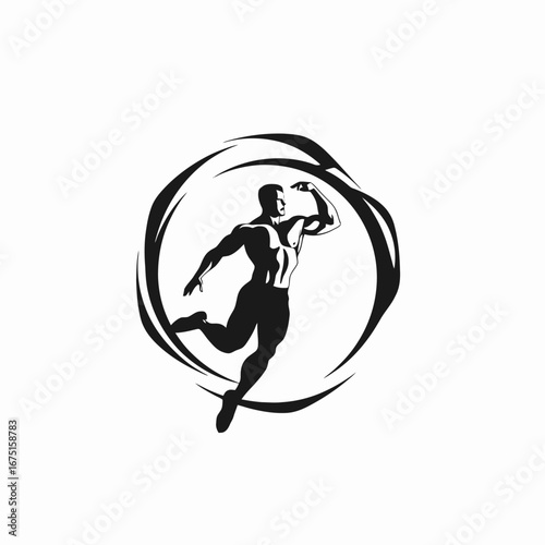 Powerful muscular man in dynamic pose workout vector graphic silhouette