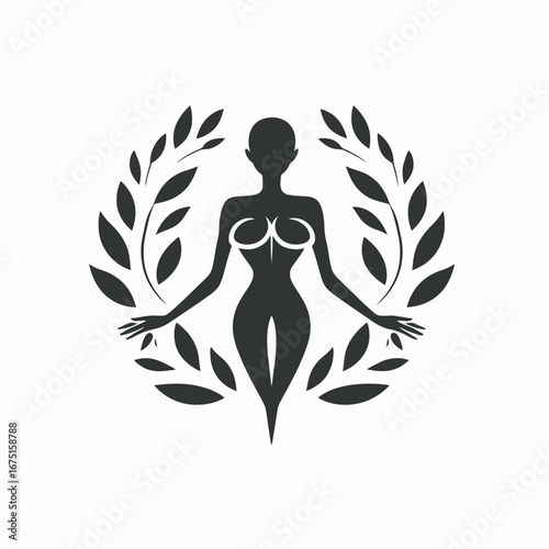 Abstract feminine figure surrounded by leaves artful design, elegant silhouette