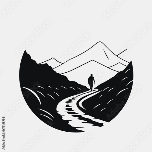 Lone journey amid mountains in an artistic minimalist vector illustration silhouette