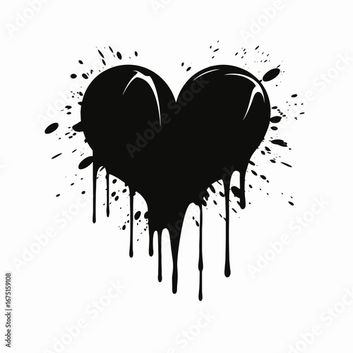 Dramatic black heart with paint drips on white background art silhouette