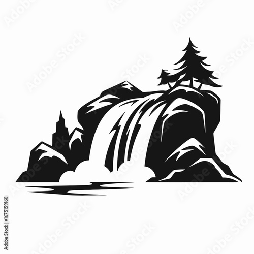 Waterfall cascading down rocks and trees, artistic nature graphic silhouette