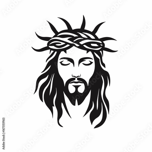 Crowned Jesus Christ portrait, detailed religious vector illustration, isolated monochrome silhouette