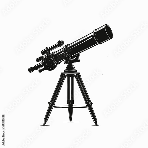 Antique refracting telescope standing tall in the black and white artistic silhouette