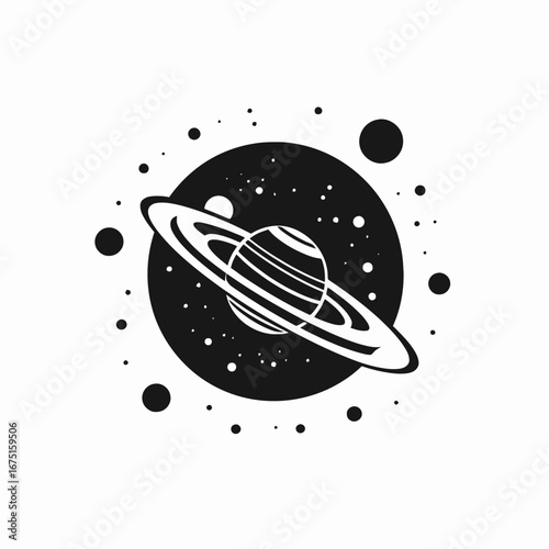 Stylized planet Saturn with rings and stars cosmic graphic illustration silhouette
