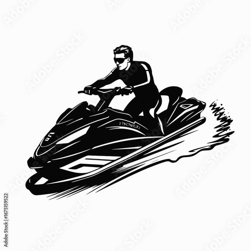 Speeding jet ski rider in the water sports action monochrome silhouette