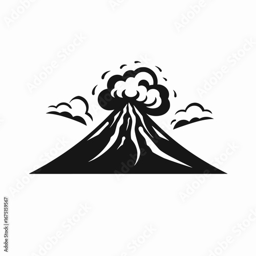 Striking volcano erupting with smoke, lava and clouds graphic vector silhouette