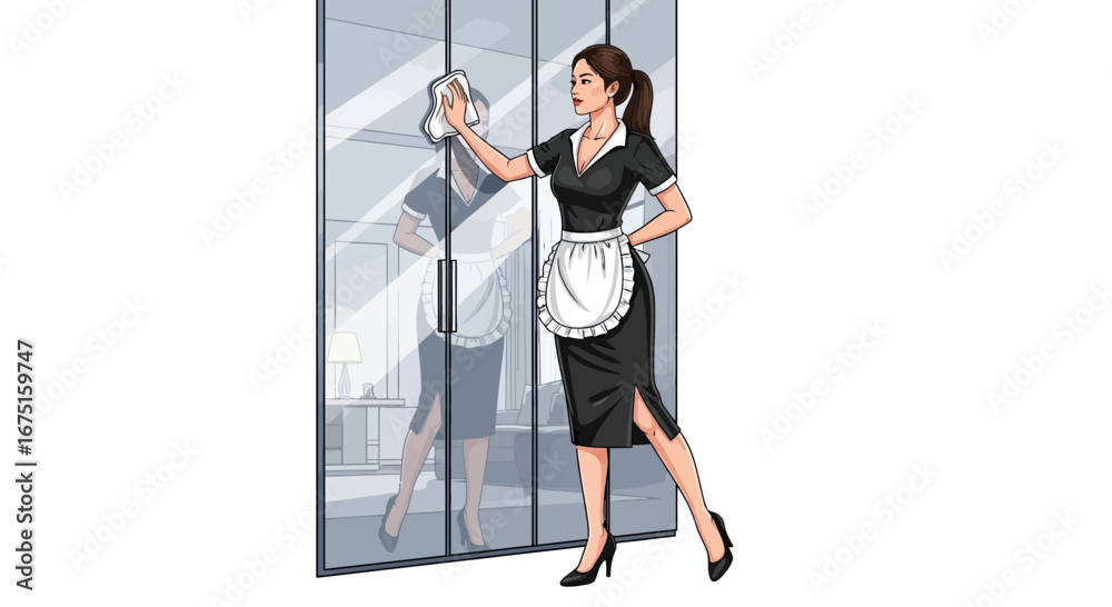 Fototapeta premium Animated maid meticulously cleaning a glass partition in modern interior