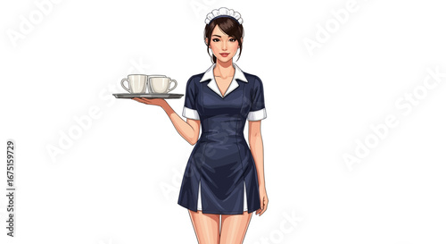 Anime-style Maid with Refreshments: Cartoon Server Holding a Tray of Drinks