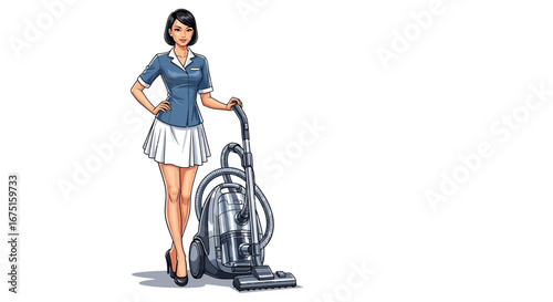 A charismatic woman in uniform posing with a vacuum cleaner illustration
