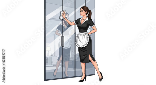 Animated maid meticulously cleaning a glass partition in modern interior