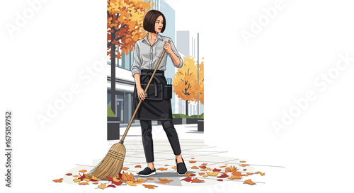 A Dedicated Woman Sweeping Fallen Autumn Leaves Near Modern Architecture