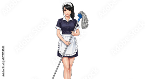 Anime style illustration of a maid holding a mop in uniform