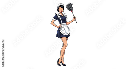 Captivating illustration of a poised maid wielding a feather duster elegantly