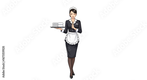 Elegant and Smiling Maid with Towels in Professional Uniform Service