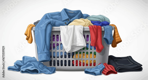 Detailed Laundry Basket Overflowing with Colorful Clothes and Items