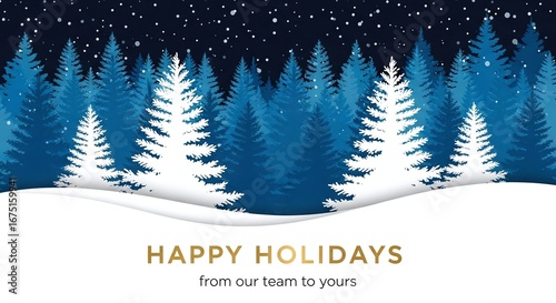 Happy holidays greeting with snowy pine trees at night