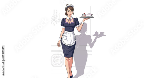 Elegant Anime Maid Serving Tea and Cake in a Detailed Interior Setting