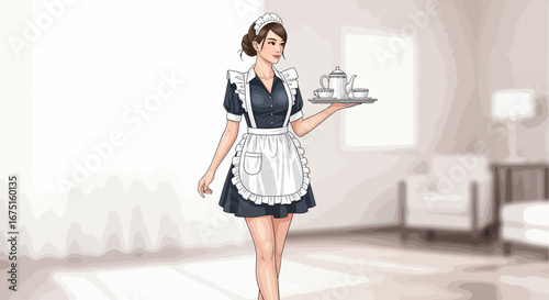 Elegant maid serving tea with grace and charm in a stylish setting