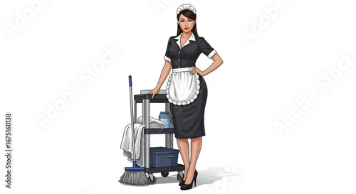 Elegant maid with cleaning cart, ready for housekeeping tasks