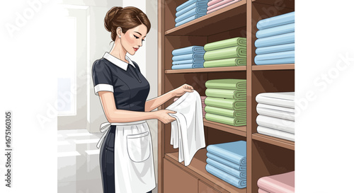 Hotel Staff Organizing Fresh Towels in the Linen Closet Professionally