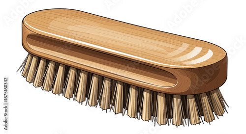 Illustration of a traditional wooden brush with visible bristles, isolated