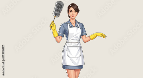 Illustrative cleaning lady in uniform, ready to dust with feather duster