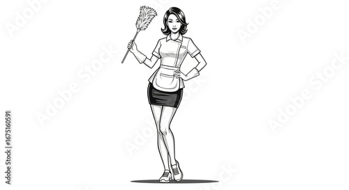 Stylish Monochrome Maid Character with Feather Duster Illustration
