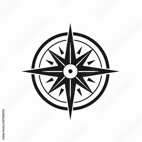 Elegant graphic rendering of a compass rose in stark black silhouette