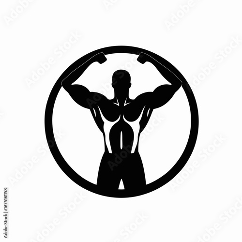 Powerfully built athletic man raising arms in a striking black silhouette