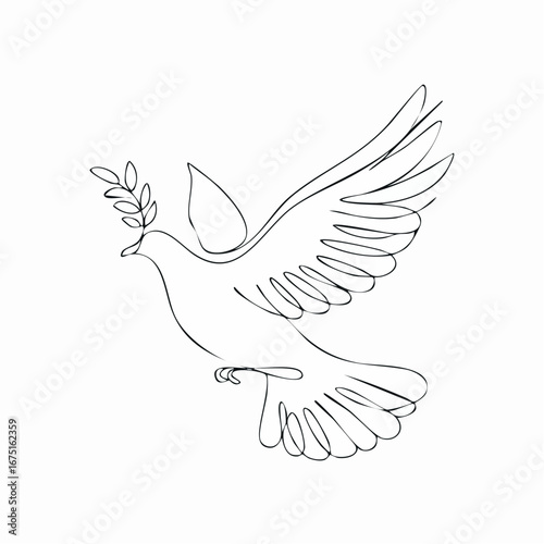 Flying dove holding an olive branch as a sign of peace line art vector
3