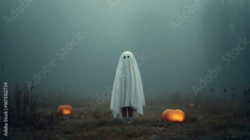 Eerie ghostly figure standing in foggy landscape with pumpkins creating spooky Halloween atmosphere and supernatural horror scene for seasonal decoration and frightful ambiance