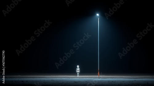 Urban night scene featuring solitary streetlamp illuminating darkness with modern lighting creating a minimalistic and atmospheric outdoor environment