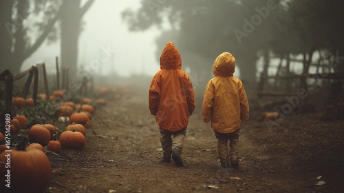 Children exploring outdoors in autumn countryside with pumpkins and seasonal colors capturing childhood innocence friendship and outdoor adventure in natural rural landscape