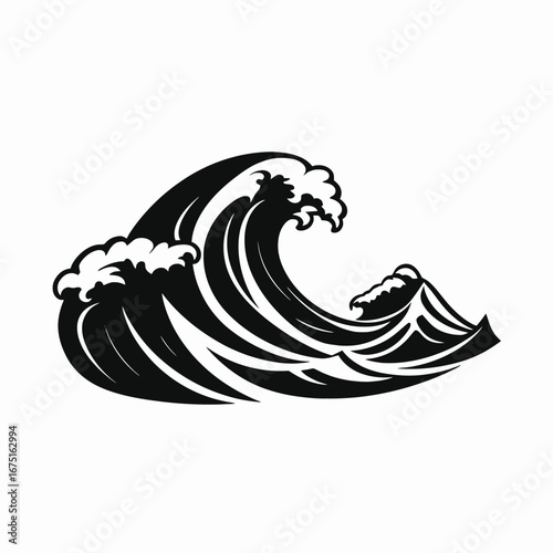 Crashing ocean wave in simplistic, vector style graphical monochrome art silhouette