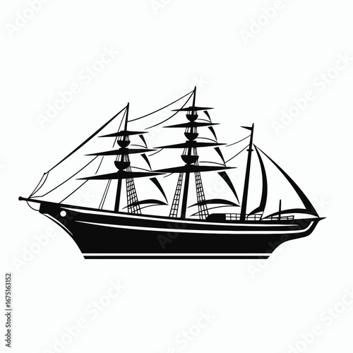 Elegant tall ship sailing across the water, a vector black silhouette