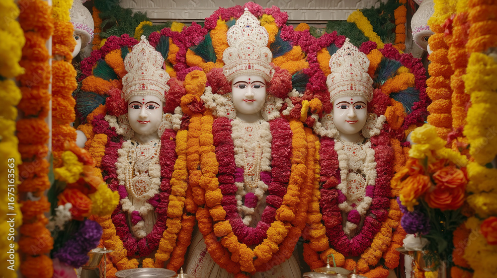 Fototapeta premium White Marble Idols of Lord Dattatreya Decorated with Vibrant Marigold and Rose Garlands in Temple – Hindu Devotional Dattatreya Jayanti Puja Festival Celebration
