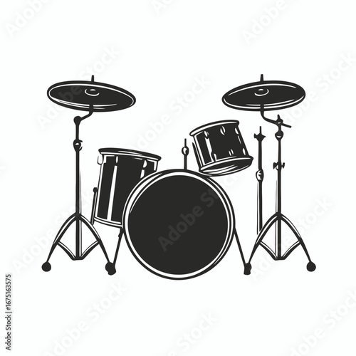 Striking drum set graphic illustration against a stark white background silhouette