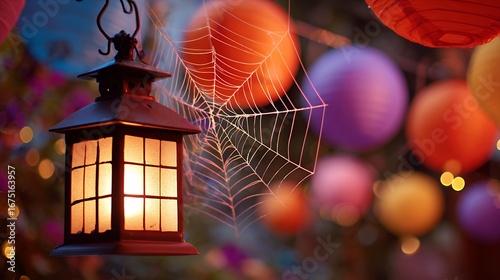 Vibrant Halloween lantern with colorful spiderweb decorations festive ambiance outdoor and indoor lighting creating a charming spooky atmosphere for seasonal celebrations