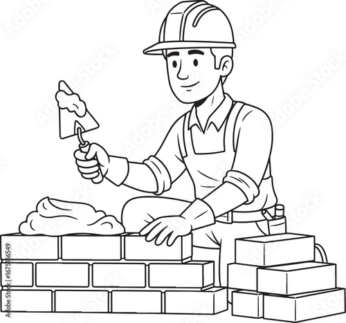 A man wearing a hard hat and overalls is shown laying bricks with a trowel