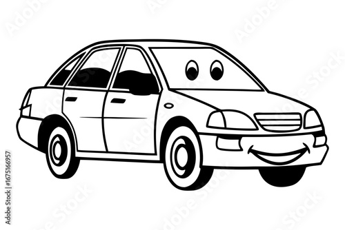 A simple, friendly cartoon sedan with a smiling face, designed for easy recognition and versatility across various creative applications