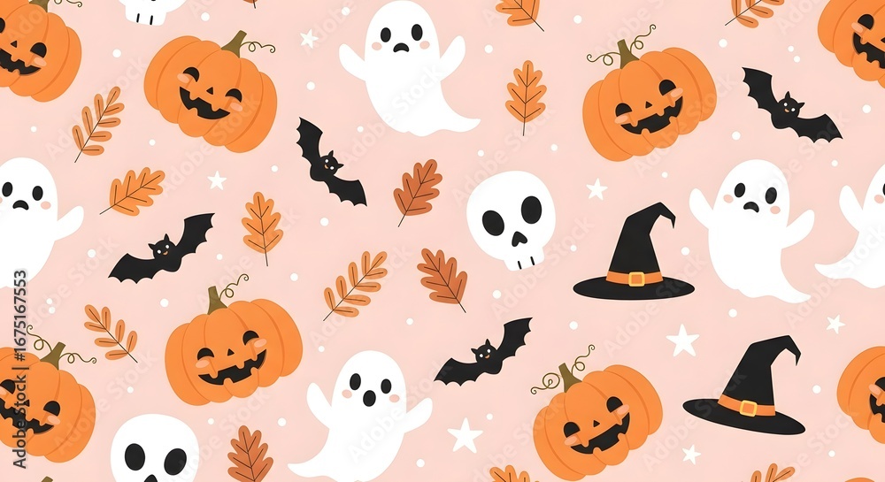 Fototapeta premium Seamless halloween pattern with pumpkins, ghosts, bats, skulls, and hats on a light pink background, perfect for festive decorations