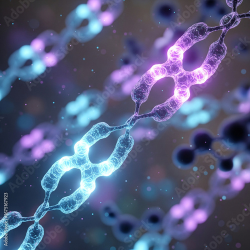 145.Antibody chains glowing neon blue and purple, abstract background.png